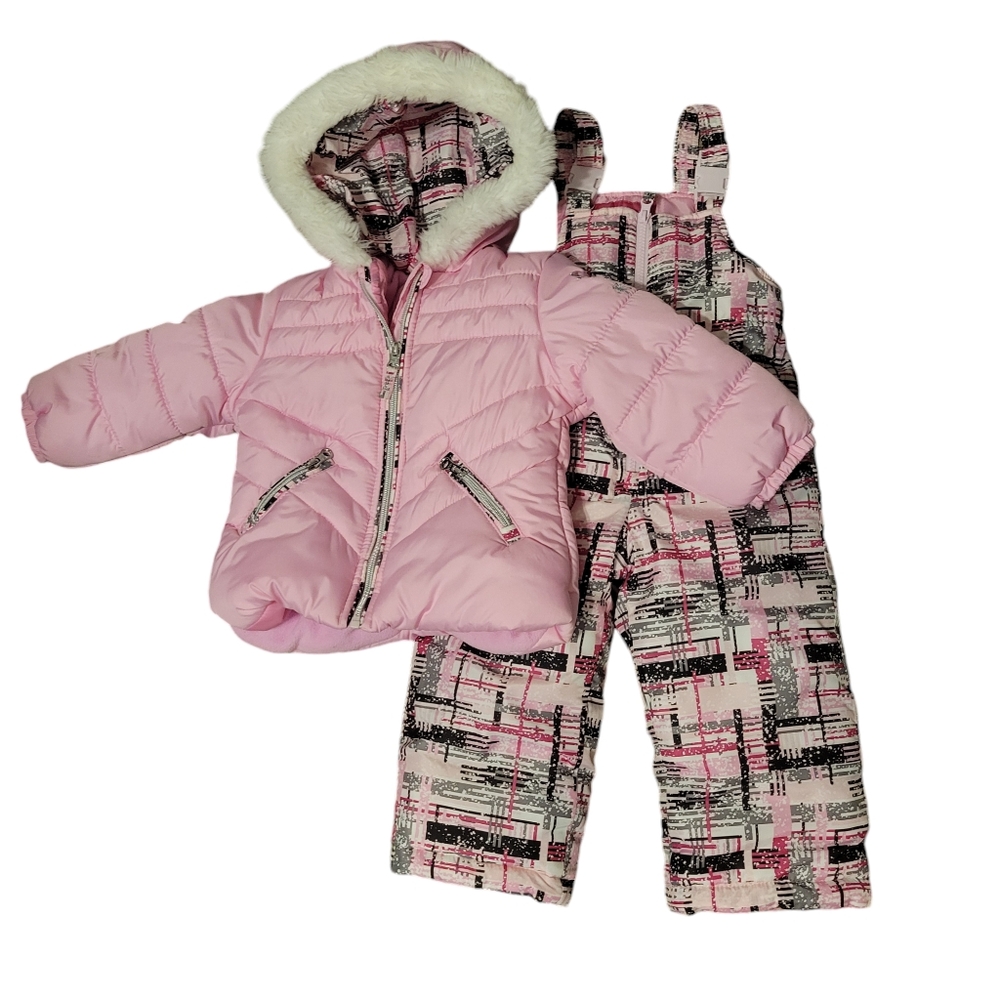 London Fog Pink Puffer Jacket with Pink/Black Plaid Snow Bibs